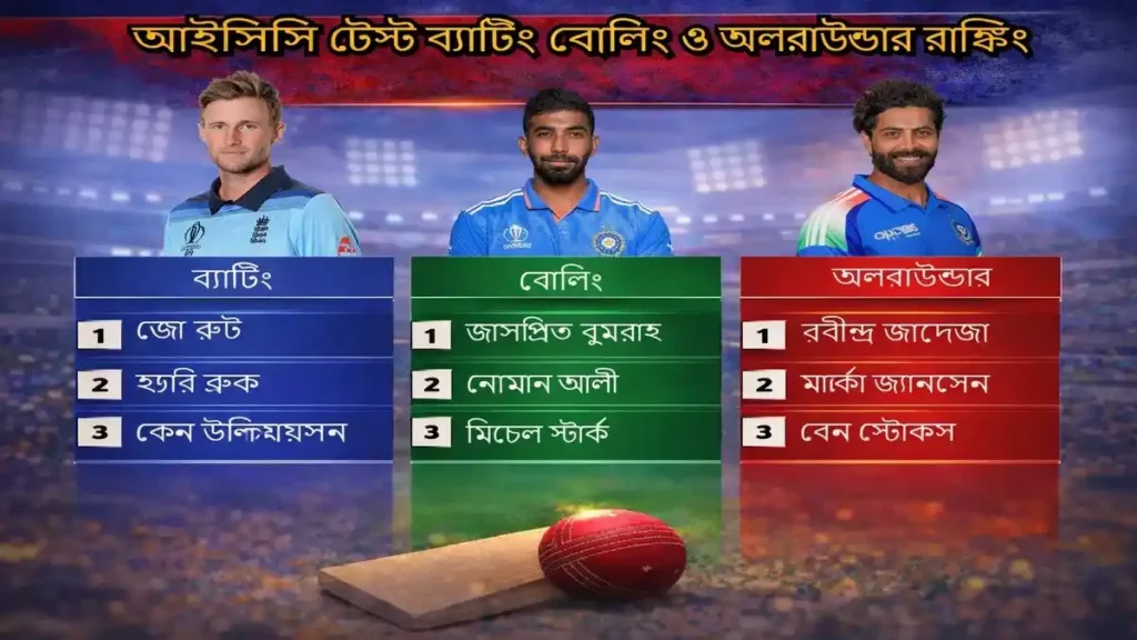 আইসিসি টেস্ট ব্যাটিং বোলিং ও অলরাউন্ডার রাঙ্কিং ২০২৬