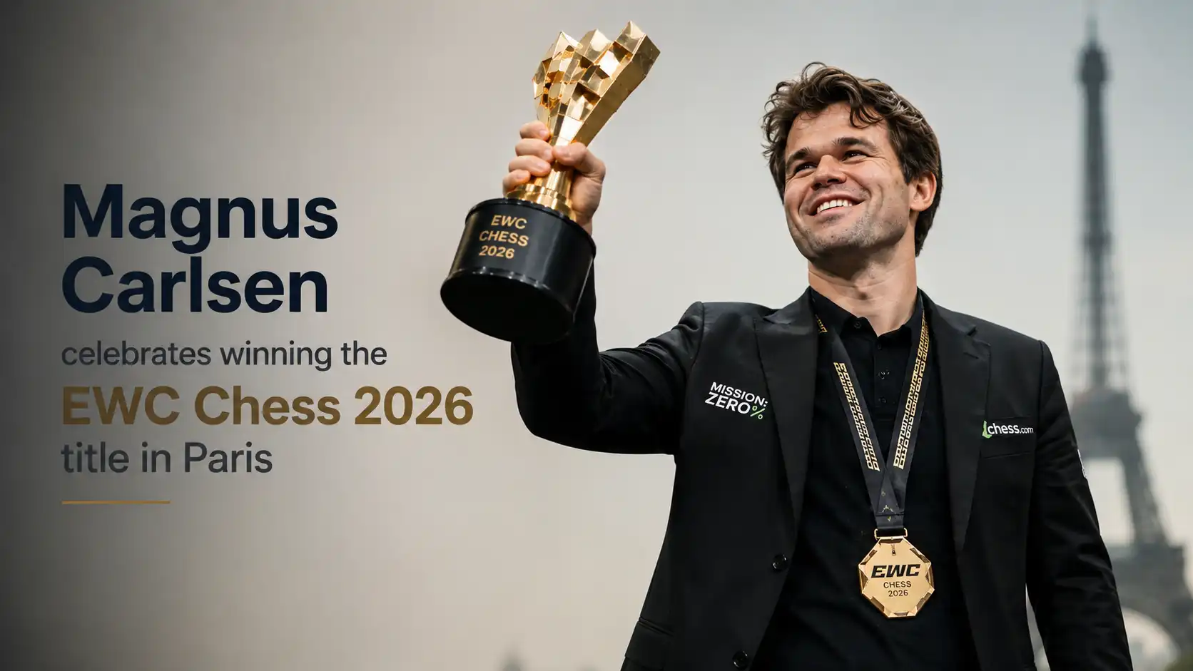 Magnus Carlsen celebrates winning the EWC Chess 2026 title in Paris