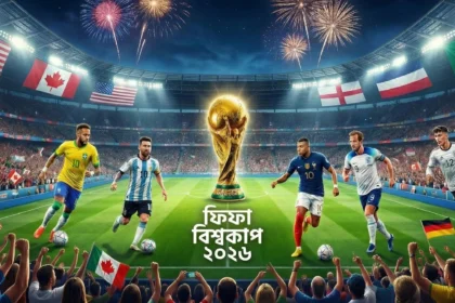 “ফিফা বিশ্বকাপ ২০২৬-এর স্টেডিয়ামে বিশ্বকাপ ট্রফি ও বিভিন্ন দেশের ফুটবল তারকাদের প্রতীকী দৃশ্য”