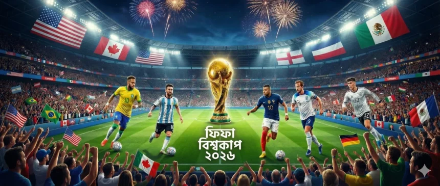 “ফিফা বিশ্বকাপ ২০২৬-এর স্টেডিয়ামে বিশ্বকাপ ট্রফি ও বিভিন্ন দেশের ফুটবল তারকাদের প্রতীকী দৃশ্য”