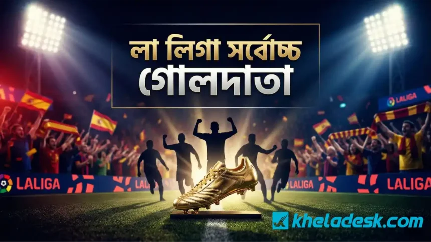 লা লিগা সর্বোচ্চ গোলদাতা সম্মাননা প্রদর্শনকারী সোনালি গোল্ডেন বুট ট্রফি, স্টেডিয়ামে উদযাপনরত ফুটবল খেলোয়াড়দের সিলুয়েট ও দর্শকদের উল্লাসের দৃশ্য