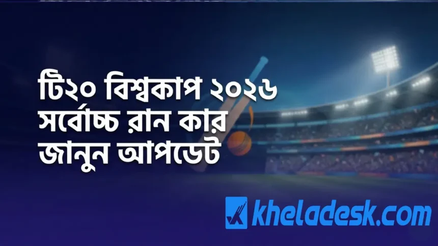 টি২০ বিশ্বকাপ ২০২৬ সর্বোচ্চ রান কার জানুন আপডেট – আধুনিক ক্রিকেট স্টেডিয়াম ব্যাকগ্রাউন্ডসহ ফিচার ইমেজ