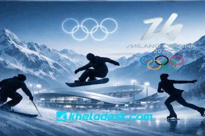 মিলানো কর্টিনা অলিম্পিক ২০২৬ শীতকালীন গেমসের ফিচার ইমেজ, যেখানে স্কিইং, স্নোবোর্ডিং ও আইস স্কেটিং অ্যাথলেটদের সিলুয়েট এবং অলিম্পিক স্টেডিয়াম দেখা যাচ্ছে