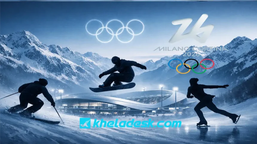 মিলানো কর্টিনা অলিম্পিক ২০২৬ শীতকালীন গেমসের ফিচার ইমেজ, যেখানে স্কিইং, স্নোবোর্ডিং ও আইস স্কেটিং অ্যাথলেটদের সিলুয়েট এবং অলিম্পিক স্টেডিয়াম দেখা যাচ্ছে