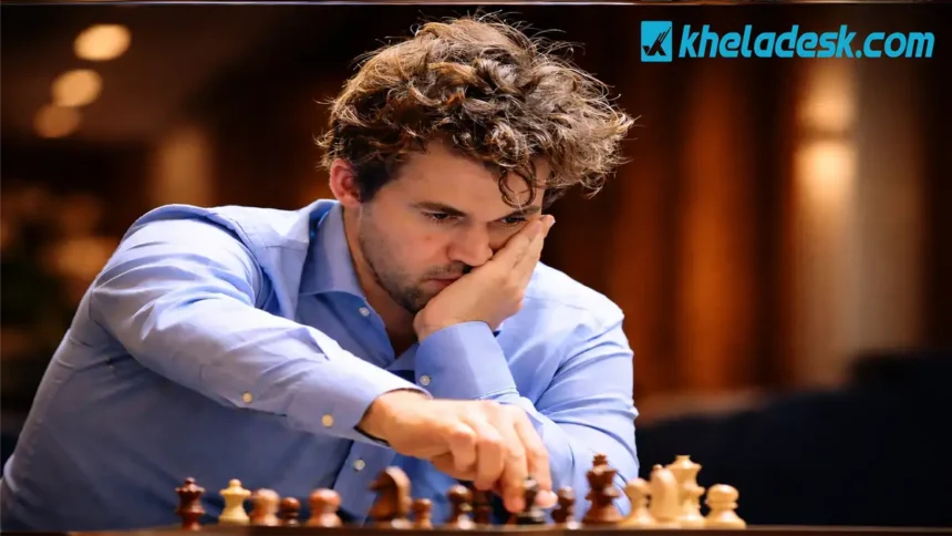 ম্যাগনাস কার্লসেন গভীর মনোযোগে দাবার বোর্ডে চাল দিচ্ছেন, একজন বিশ্বখ্যাত দাবা গ্র্যান্ডমাস্টার।