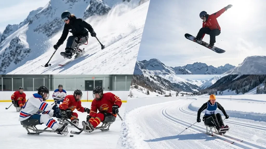 Adaptive winter sports collage including alpine skiing snowboard and ice hockey