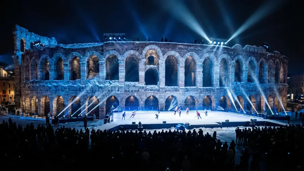 Historic Roman amphitheater winter sports ceremony Italy 2026
