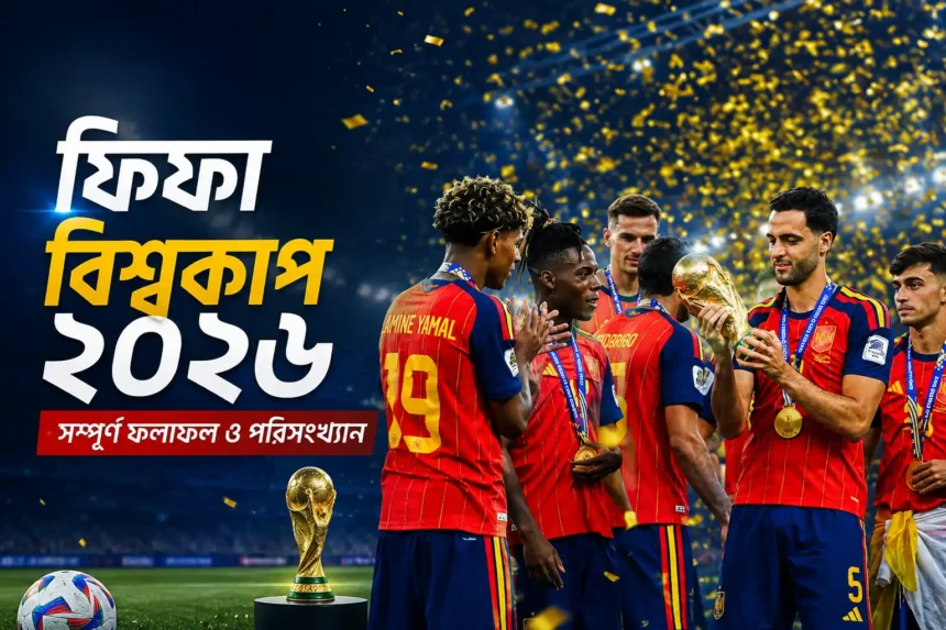 স্পেন ফুটবল দল ফিফা বিশ্বকাপ ২০২৬ ট্রফি হাতে উদযাপন করছে